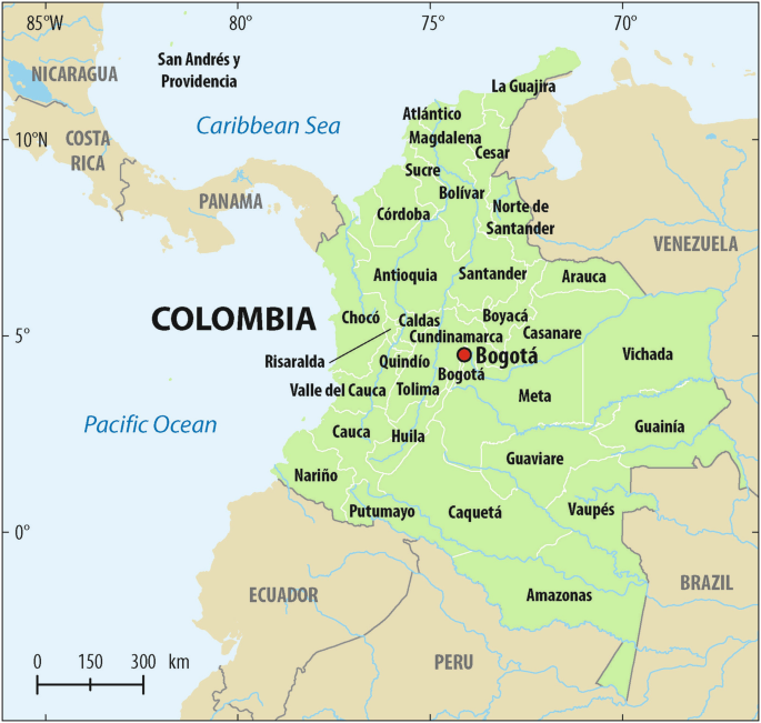 A map of Colombia with its capital Bogota and other states. It shares borders with, Panama and the Caribbean Sea to the north, the Pacific Ocean to the West, Venezuela to the east, and Brazil, Peru, and Ecuador to the south.