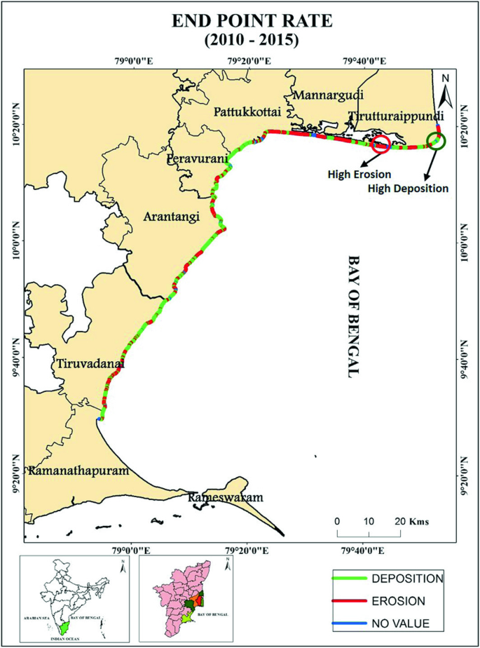 A map of India represents deposition, erosion, and no value, with Tiruvadanai having the highest deposition and erosion from 2010 to 2015.