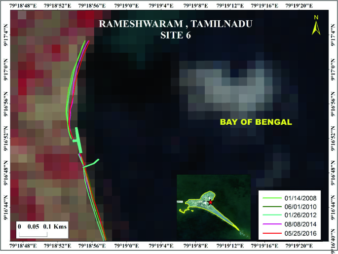 A Tamil Nadu map represents site 6 of the erosional observed along both sides of Rameshwaram and the Bay of Bengal from 2008 to 2016.