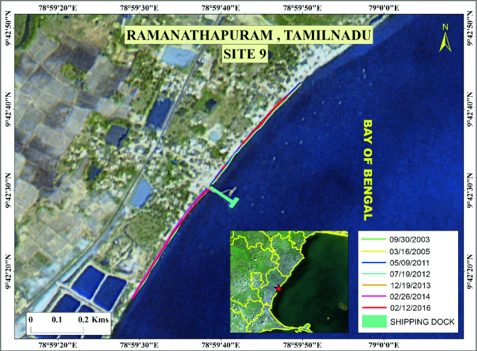 A Tamil Nadu map represents the shipping dock and site 9 of the erosional observed along both sides of Ramanathapuram and the Bay of Bengal from 2003 to 2016.