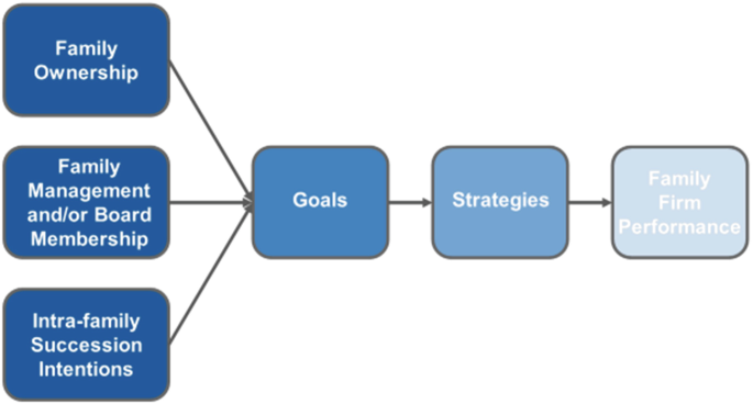 A model diagram includes family ownership, family management, board membership, and intra-family succession intentions that point towards goals, strategies, and family firm performance.