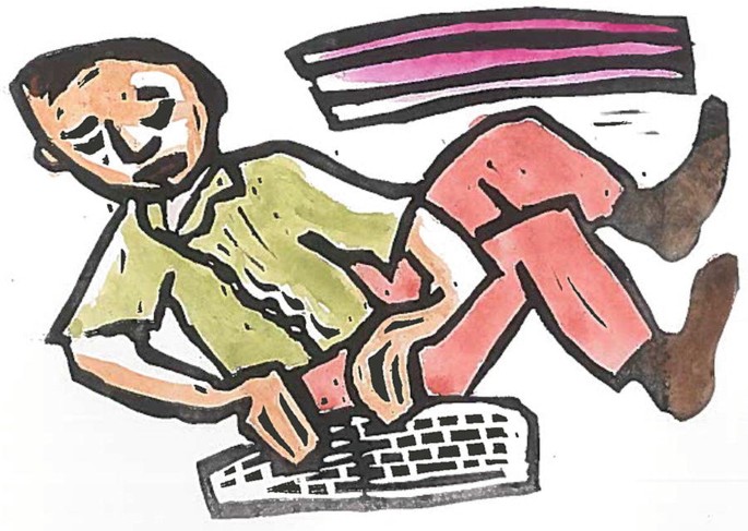 A drawing of a boy leaning sideways with legs lifted up and typing on the keyboard.