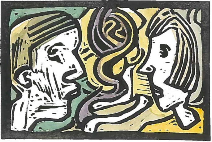 An illustration of the faces of a man and a woman. Both face each other.