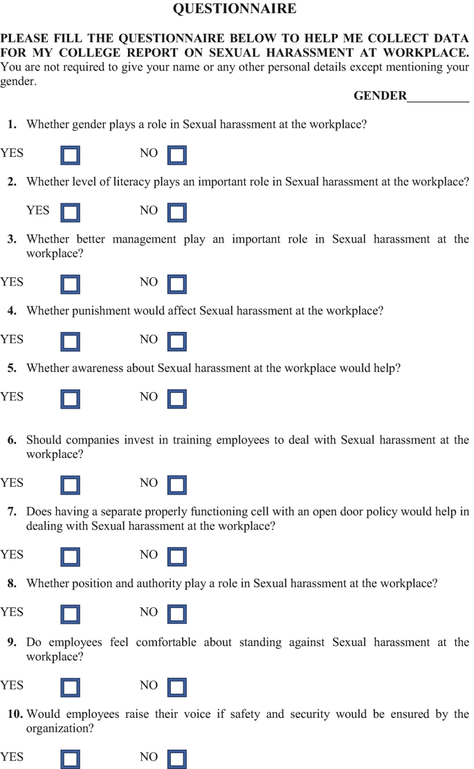 A questionnaire has 10 questions with Yes or No options for a student asking for help to collect data for a college report on sexual harassment in the workplace.
