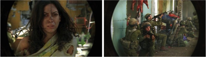 Two screenshots present scenes from the film Lebanon. They display the frightened woman and a group of Israeli soldiers operating a tank in hostile territory.