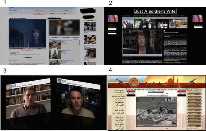 A screenshot of four computer screens displaying the scenes from the war film Redacted, and depict websites, YouTube videos, and Skype chats.