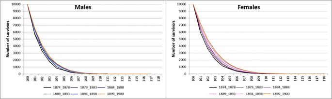 Two graphs on the number of survivors versus age groups from 100 to 118 for males and females. Both graphs start with 10000 survivors which decreases to move along the x-axis.