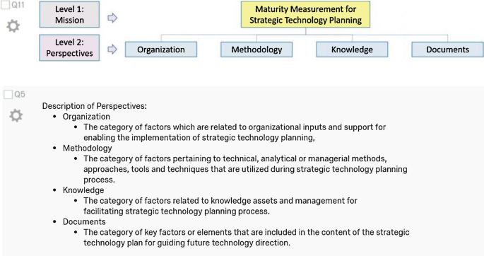 A screenshot that displays the check boxes of Q 11 and Q 5 for the maturity assessment of two levels and a listicle of the description of perspectives that includes organization, methodology, knowledge, and documents, respectively.