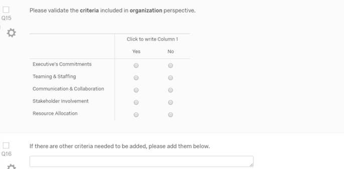A screenshot displays a check box, Q 15, which requests validation of the criteria included in the organization perspective with yes or no checkboxes below relating to 5 aspects. Below is Q 16, which requests to add other criteria that need to be added.
