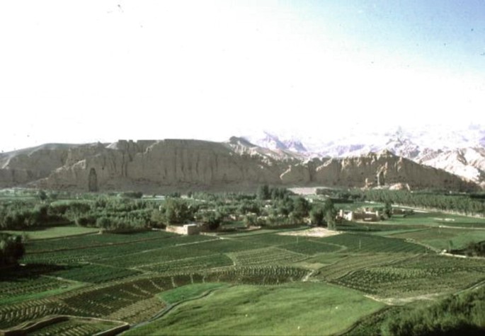 A photograph of a landscape that depicts the valley of the Bamiyan.