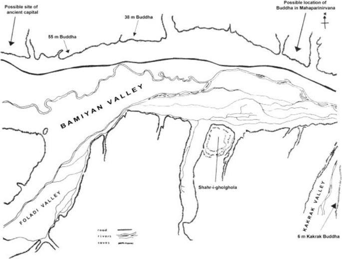A map of Bamiyan valley includes possible site of ancient capital, 55- and 38-meter Buddha, possible site of Buddha in Mahaparinirvana, Foladi valley, and Shahr-i-Gholghola, the Kakrak valley, and the 6-meter Kakrak Buddha.