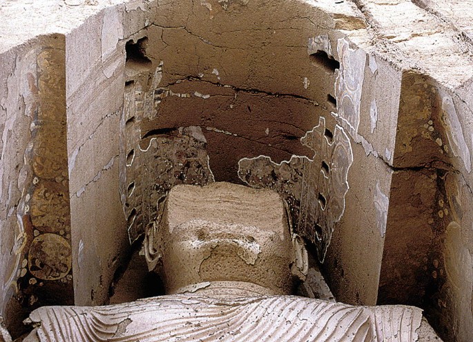 A photograph of the head of the 55-meter Buddha of Bamiyan.