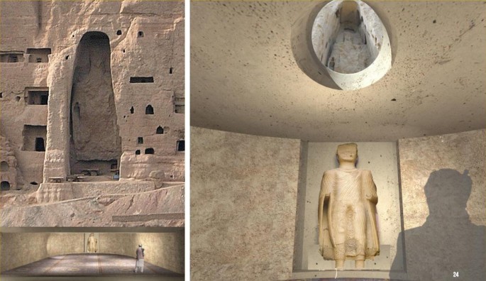 Two computer-generated images of the underground museum in front of the Eastern Buddha niche.