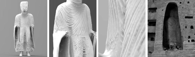 Four photographs of the reconstructed 3-D models of the Eastern statue of the Buddha of the Bamiyan.