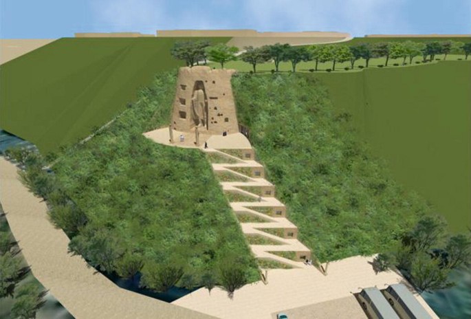 A computer-generated overview of the monument from the north depicts a stair of steps leading from the monument platform to the foot of the plateau.