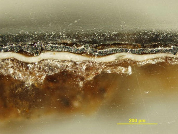 A photomicrograph of the different shades of layers over a metallic leaf.