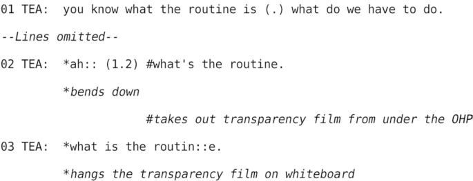 A sequence of three dialogs by a teacher asking explanation for a routine. There are descriptions of different actions.