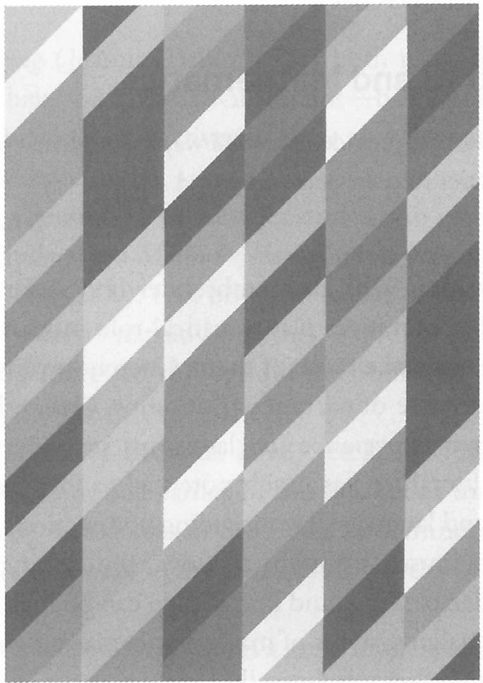 An artwork consists of columns of parallelograms in different shades.