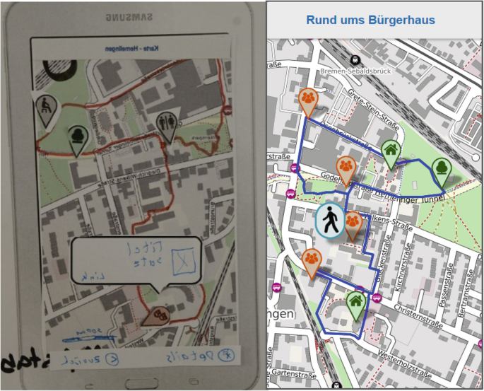 Two street maps depict the area with walking routes, while each area has a pin with different attributes.