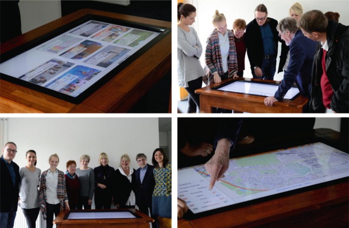 4 photos illustrate how a group of people examine a route on a street map that is on a tablet device.