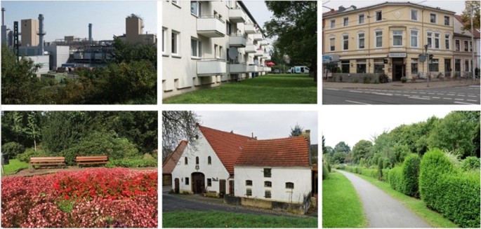 6 photos of the different types of buildings, gardens, and roads with trees and plants in Bremen Hemelingen.