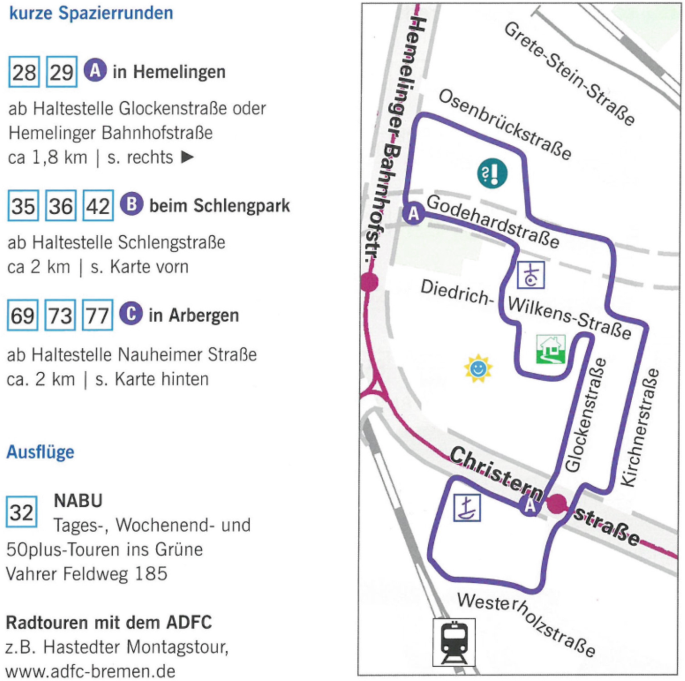 A map in a foreign language depicts the short walks in Hemeligen, Schlengpark, and Arbergen with distance, along with its corresponding map on the right.