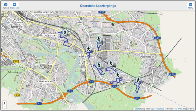 A street map of Bremen traces the neighborhood walks between different areas, which are divided by several roads.