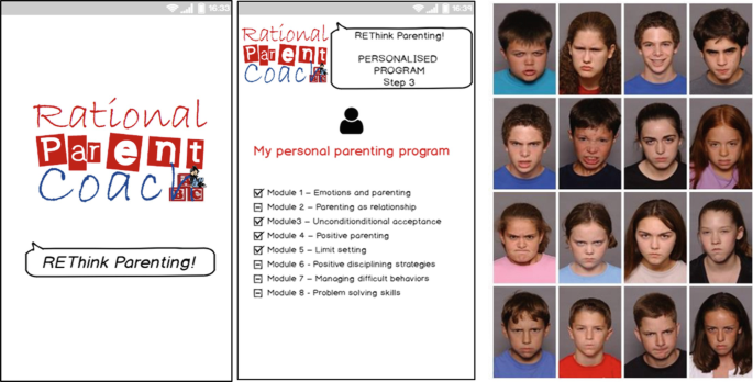 A screenshot of the rational parent coach application app interface on the mobile device, which includes eight modules of parenting programs along with photos of their children.