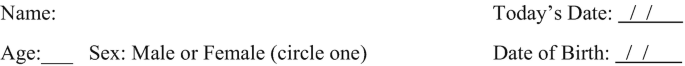 A screenshot of a blank form with the following items, name, age, sex, male or female, today's date, and date of birth.