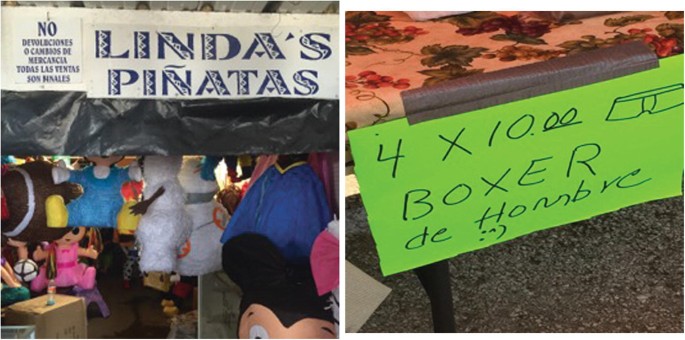 Two photographs. The photograph of the sign board on the left reads Linda's Pinatas, and the right reads Boxer de Hombre.