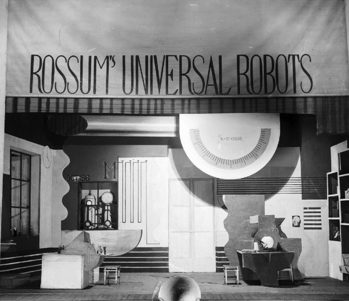 A photograph of the National Theatre's stage set, ready for an act of Rossum's Universal Robots, written by Karel Capek.