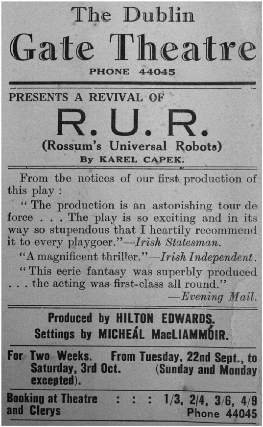 A flyer advertising a revival of Rossum's Universal Robots at The Dublin Gate Theatre. In the middle are 3 reviews. At the bottom are the details of the producer, the days on which the act will be performed, and the booking details.