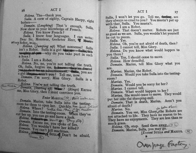 A photograph of two pages from the prompt book for the 1931 revival of Rossum's Universal Robots at Dublin's Gate Theatre.