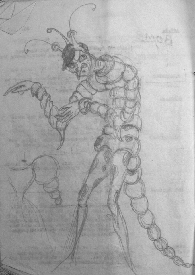 A photograph of a hand drawn figure of an insect with a human face on a page.