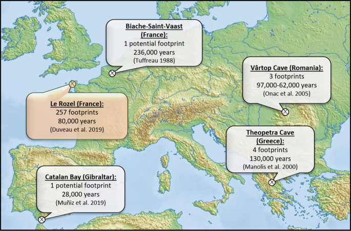 A map of Gibraltar, France, Romania, and Greece indicates 5 locations with the number of footprints found. Catalan Bay, 1. Le Rozel, 257. Biache-Siant-Vaast, 1. Vartop cave, 3. Theopetra cave, 4.