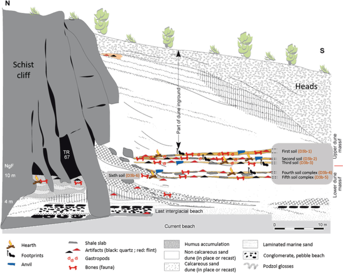 A cross-section diagram displays the Schist cliff, heads, last interglacial beach, and current beach with 6 layers of soil. Map also highlights various detrital elements and their locations.