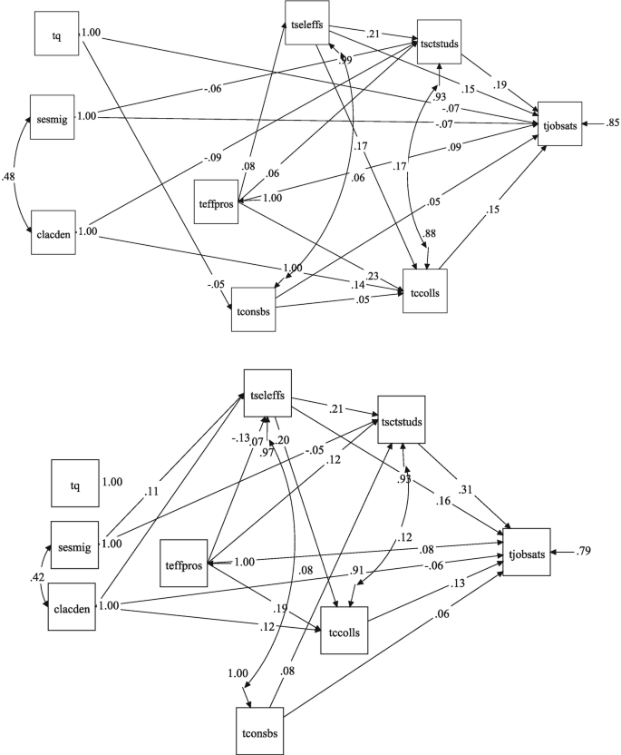 A set of two path diagrams. The diagram on the top depicts the results for Sweden and the bottom diagram depict the result for Norway. It observes the highest total effect with 0.28 from self-efficacy for Norway.