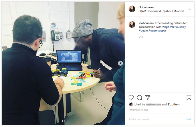 A photograph of 3 persons viewing a laptop placed on a table with toys in front. A screenshot of a Facebook post in a foreign language describes experimenting with distributed collaboration.