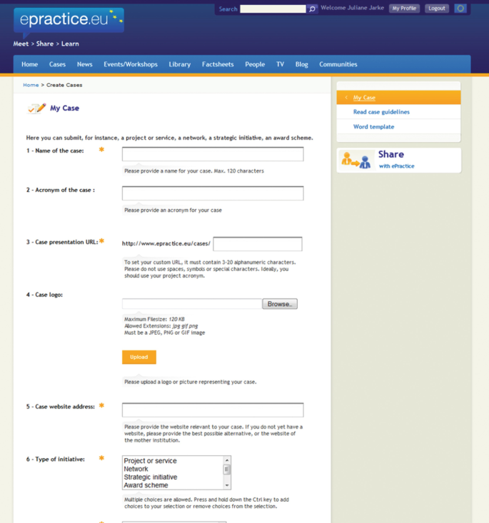 A screenshot represents the epractice case template with the name of the case, the acronym of the case, case presentation U R L, case logo, case website address, and types of initiatives.