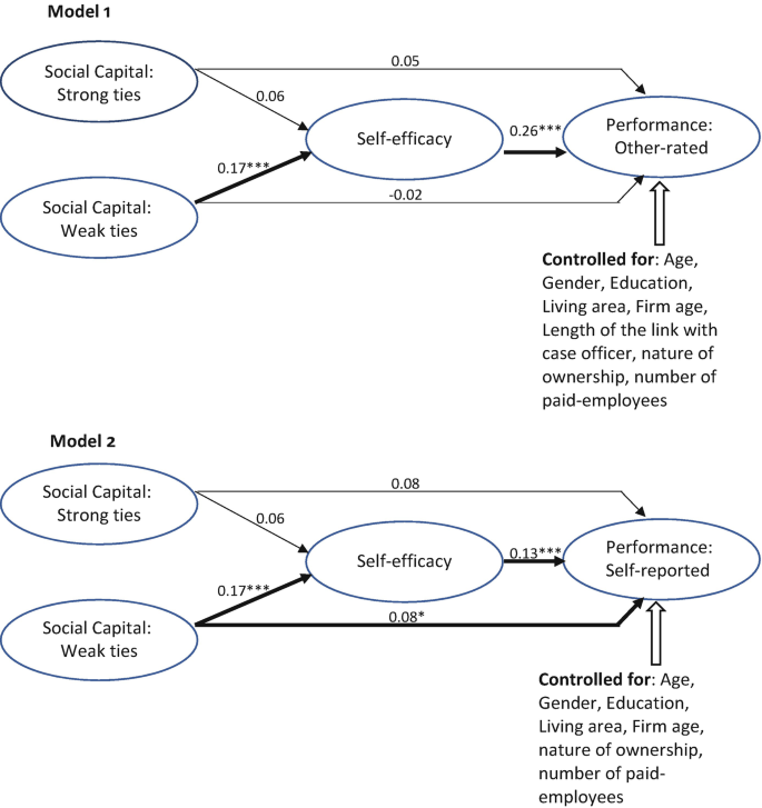 Two model diagrams. Model 1 depicts a self-efficacy of 0.05, resulting in a performance of 0.26. Model 2 depicts a self-efficacy of 0.08, resulting in a performance of 0.13.