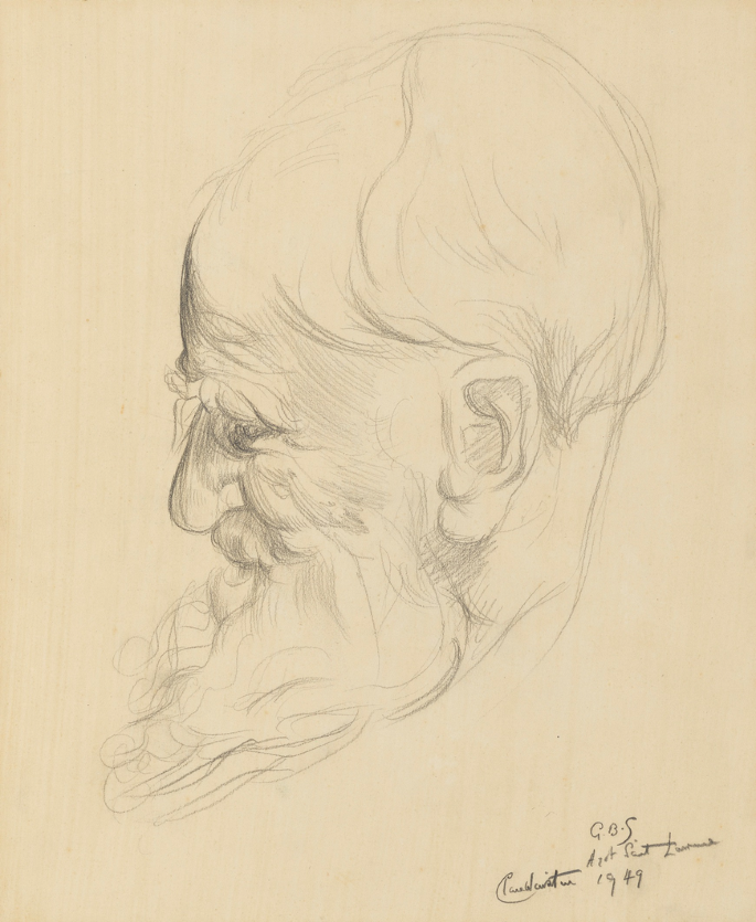 A pencil art of George Bernard Shaw with signature in the bottom right of the page.