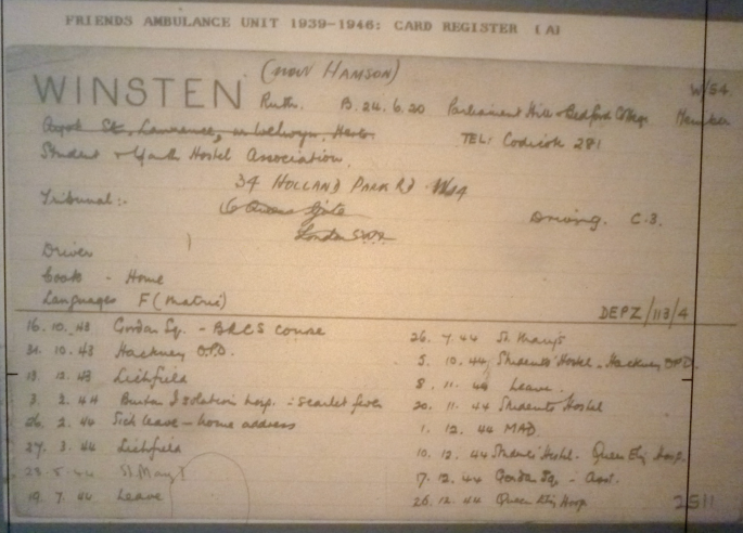 A photo of a friend's ambulance unit card registers in 1939 to 1946. It contains dates and book names.