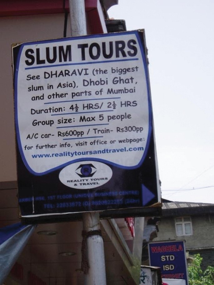A notice board titled Slum tours depicts the details of a slum and reads the duration and the cost of the tour.