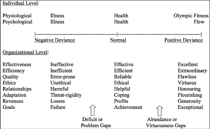 A list demonstrates the negative and positive deviance at individual and organizational levels. It illustrates the problem gaps and abundance gaps.