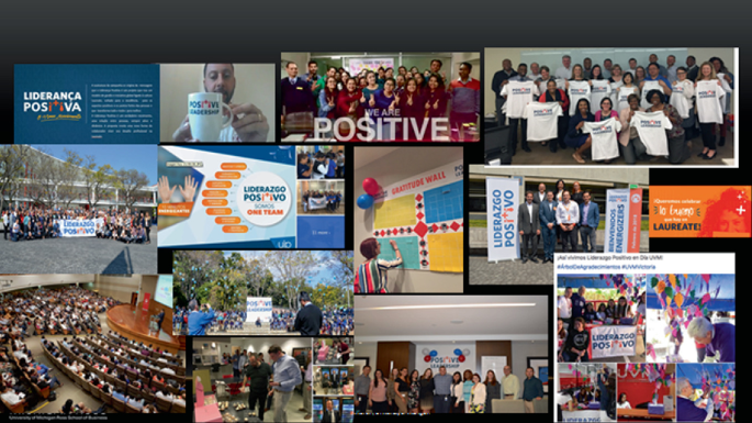 A collage of photographs demonstrating the positive energizers. It includes people showcasing posters and tea cups with positive phrase.