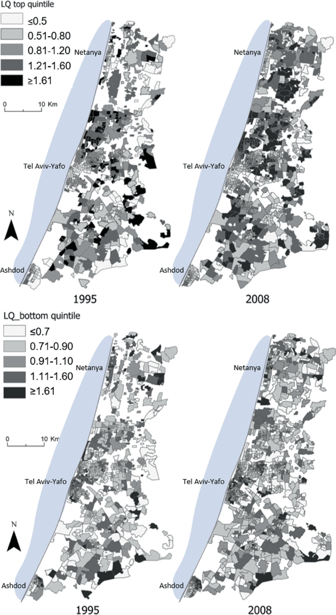 4 location quotient maps of the metropolitan area of Tel Aviv. In 1995 and 2008, the top quintile of income was dispersed across the map, whereas the bottom quintile was concentrated in the north and south.