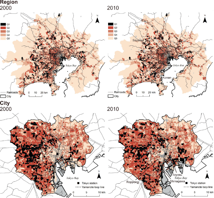 Four maps of Tokyo trace Q 1, Q 2, Q 3, Q 4, and Q 5 in 2000 and 2010, along with the railroads, Tokyo station, and Yamanote loop line, and the city in a gradient of colors.
