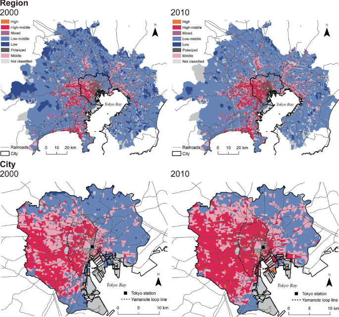 Four maps of Tokyo trace the socio-economic composition in 2000 and 2010, along with the railroads, Tokyo station, and Yamanote loop line, and the city in a gradient of colors.