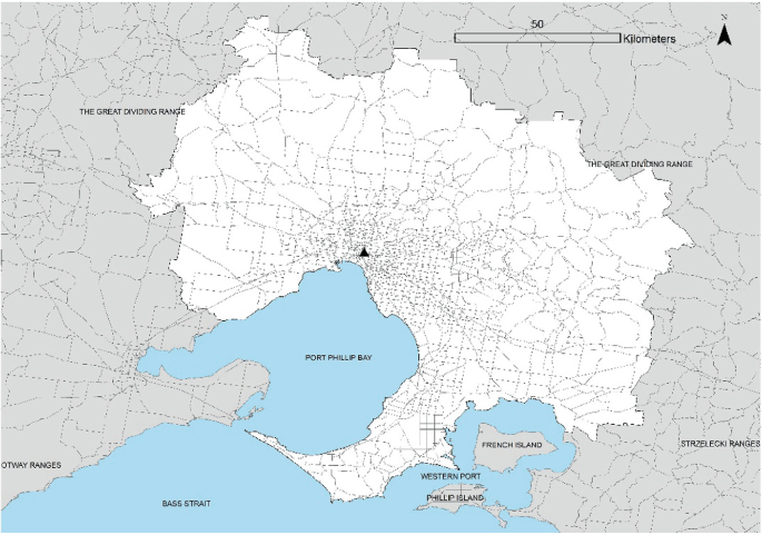 A map traces Melbourne City surrounded by the great dividing range, Bass Strait, Port Phillip Bay, Western Port, Phillip Island, French Island, and Strzelecki ranges.