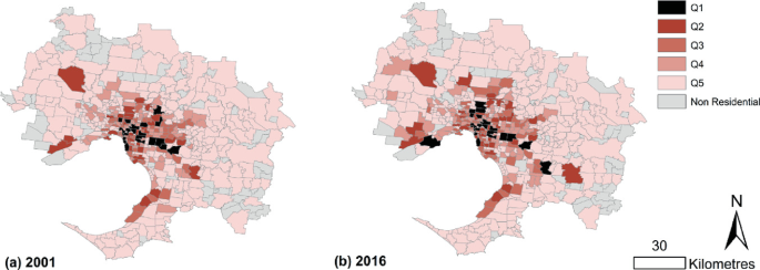 Two maps of Melbourne trace the Q 1, Q 2, Q 3, Q 4, Q 5, and non-residential in 2001 and 2016, with a gradient of colors.